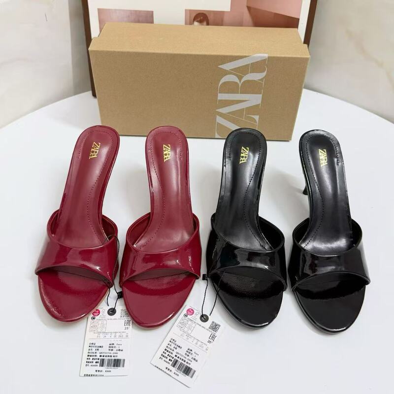 Za2026 Spring and Summer New Women's Shoes Red Patent Leather Effect Slingback Stiletto Sandals Fashionable Open-Toe Slip-On Sandals Za2026 Spring and Summer New Women's Shoes Red Patent Leather Effect Slingback Stiletto Sandals Fashionable Open-Toe Slip-On Sandals