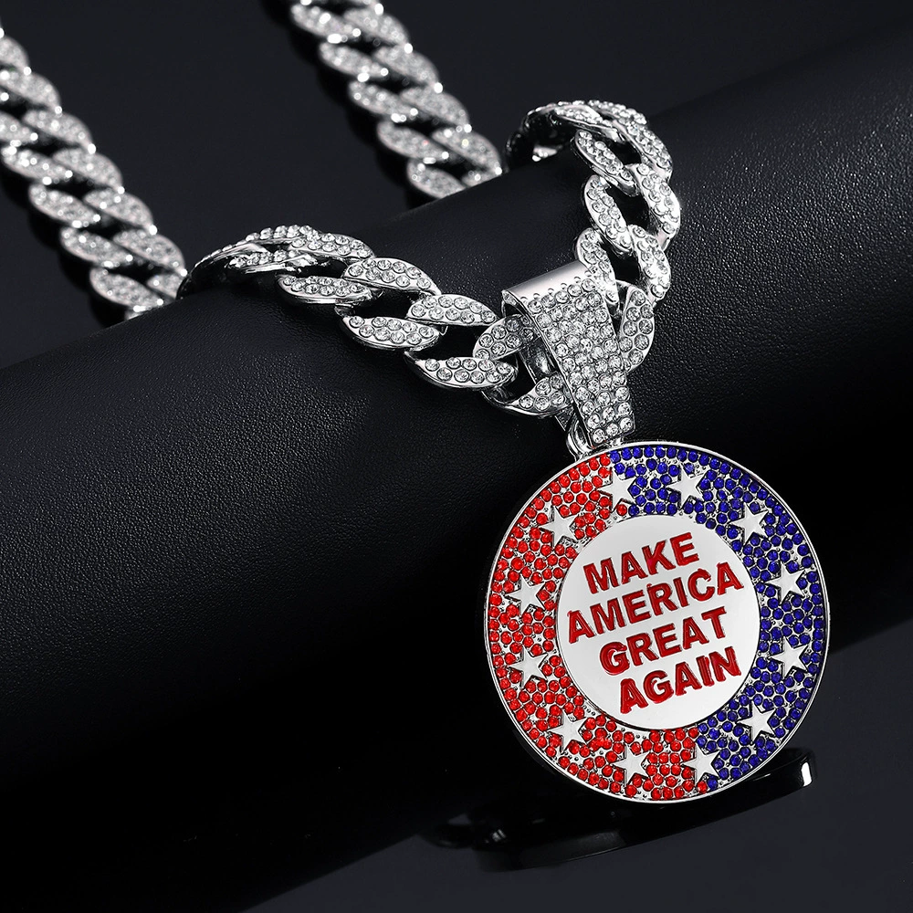 Ожерелье, хип‑хоп подвес с полным инкрустацией «MAKE AMERICA GREAT AGAIN», золото/серебро, опция 18" кубинская цепь