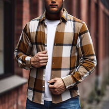 卡其色呢料毛绒大格子长袖男士衬衫外贸男装商务休闲衬衣男春秋冬