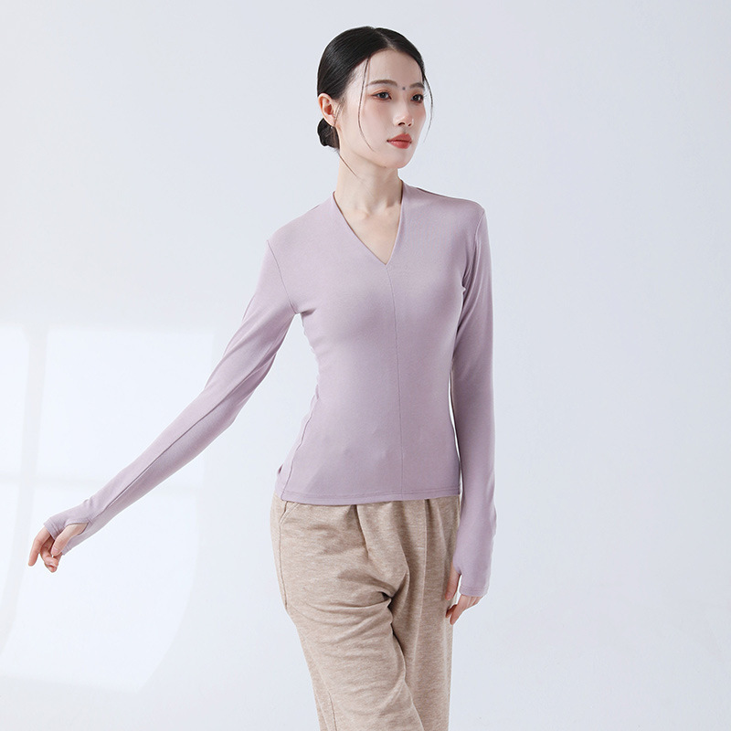 モダンダンス練習着 女性用 新型 Vネック スリムフィット 半袖ニットトップス 中国舞踊 日常体操 ダンスウェア|undefined