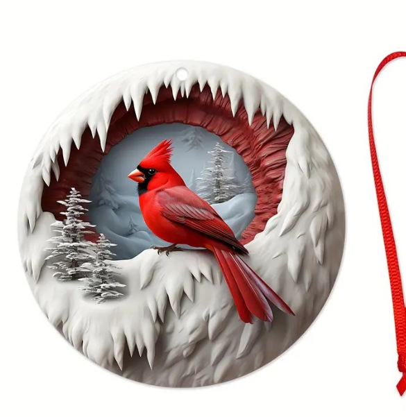 Colgante acrílico plano colgante decoración del árbol de Navidad listado disco pájaro rojo