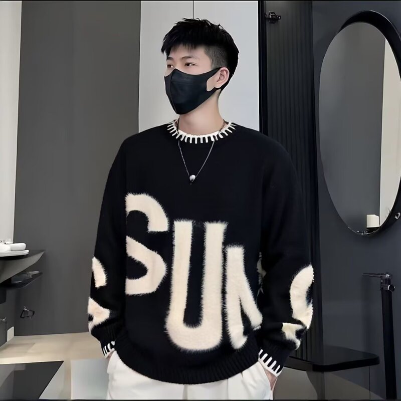 2025 Embroidered Letter Round Neck Sweater Men's Autumn and Winter American Street Lazy Style Retro Couple Sweater Jacket 2025 Embroidered Letter Round Neck Sweater Men's Autumn and Winter American Street Lazy Style Retro Couple Sweater Jacket