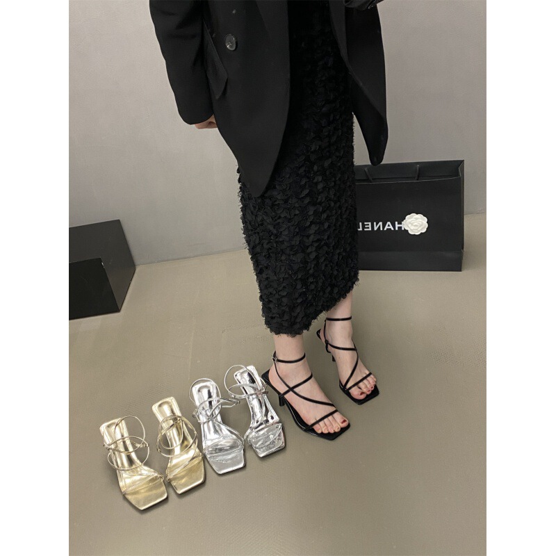 Gentle to glow! Square-toe Strap Sandals Women's Spring and Summer New High-heeled Slippers Comfortable All-match Women's Shoes