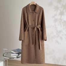 恩迪减龄翻领驼色澳洲羊毛大衣女长款冬季新款人字纹系带厚外套