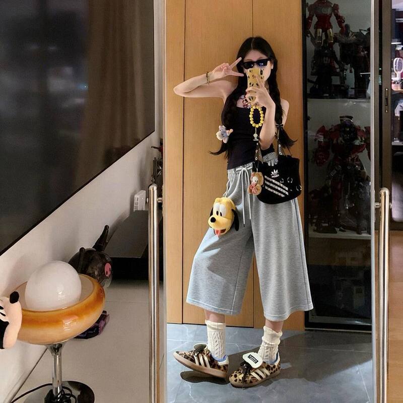 American-Style Casual Trendy Brand Solid Color Drawstring Sports Cropped Pants for Women, Loose Summer Design Couple Style Pants for Men