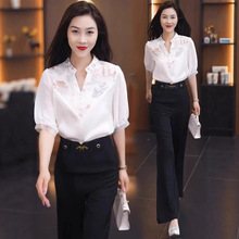 设计感宽松遮肚子雪纺衫女夏季2025新款中国风时尚休闲五分袖上衣