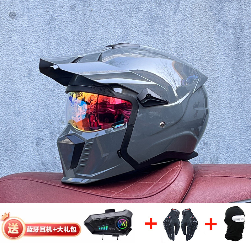 Orz Summer Retro Casco Four Seasons Black Warrior Combination Casco Hombre Motocicleta Half Casco Full Casco Locomotora Hombres y mujeres