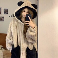 大码连帽珊瑚绒睡衣女款冬季长袍2024年新款睡袍冬天加绒加厚浴袍