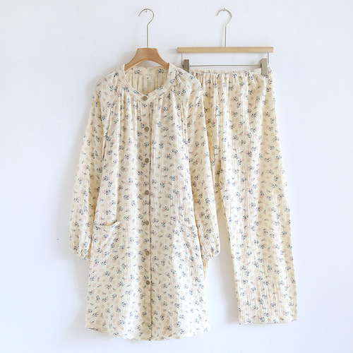 100% Cotton Double Layer Crepe Postpartum Summer Sweatproof Breathable Sweet Long Sleeve Dress Pants for Pregnant Nursing Women Home