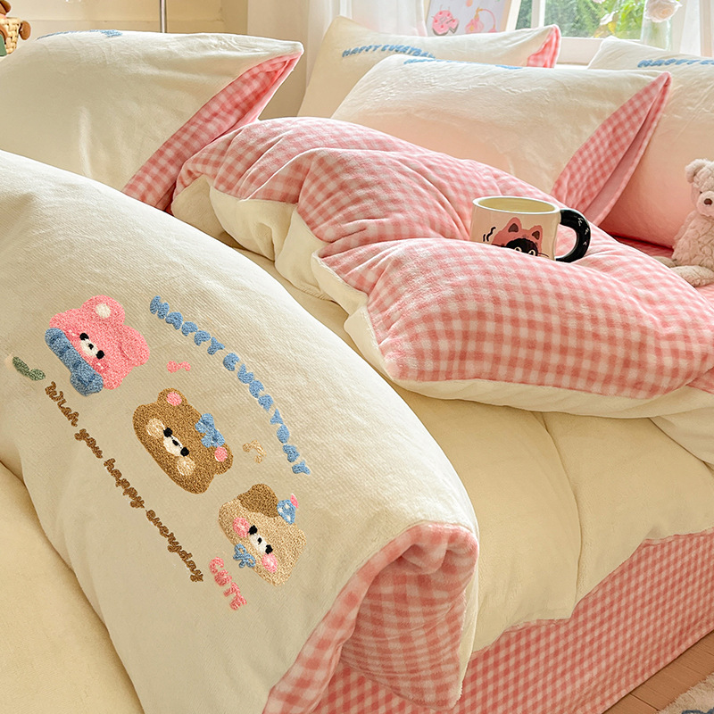 Otoño y invierno engrosado y cálido de lana de leche de cuatro piezas lindo coral de lana de flanela colcha de cama cama cama cama de cama