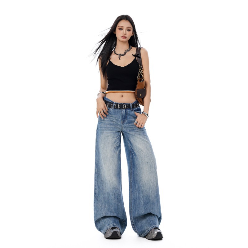 American-Style Spicy Girl Slim-Fit Tie-Dye Jeans for Women, 2026 Spring Trendy New Washed Low-Waist Loose Wide-Leg Pants