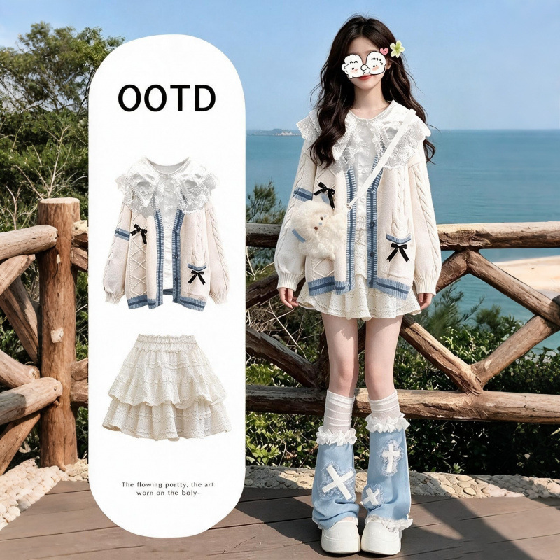 Early Autumn Women's Suit Set 2026 New Style, Fresh and Cute Cardigan Sweater Jacket Lace Shirt Pants Skirt Three-Piece Set
