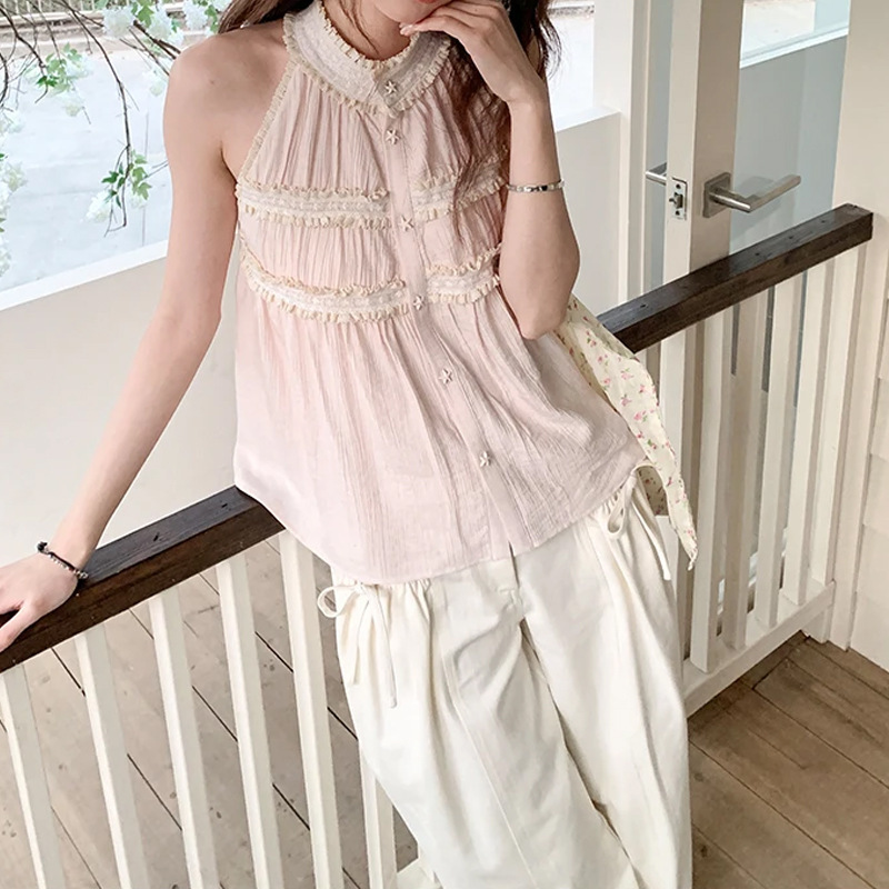 "Banxia" Pink Lace-Trimmed Youthful Stand-Collar Halter Neck Shirt, Sleeveless Top for Petite Figures, Age-Reducing and Stylish