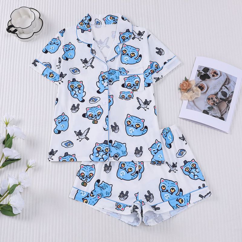 跨境外贸新款女士睡衣印花翻领短袖短裤欧美家居服women pajama|undefined