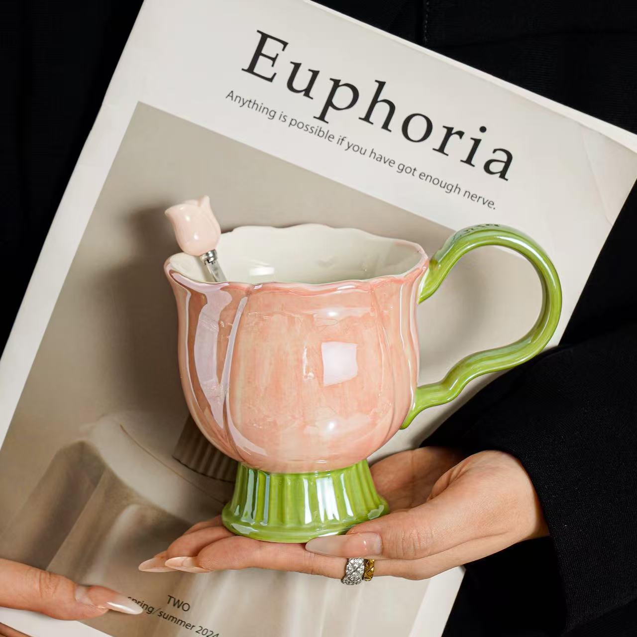 Tazas de cerámica de alto nivel, tazas de agua caseras, tazas de té de flores de oficina, regalos para chicas