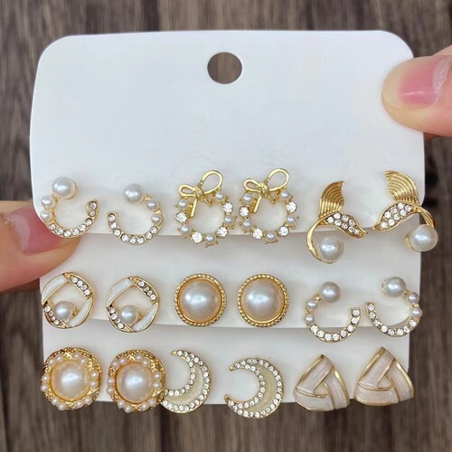 European and American cross-border ins bow fishtail pearl moon earrings studded with diamonds fashionable temperament geometric earring set