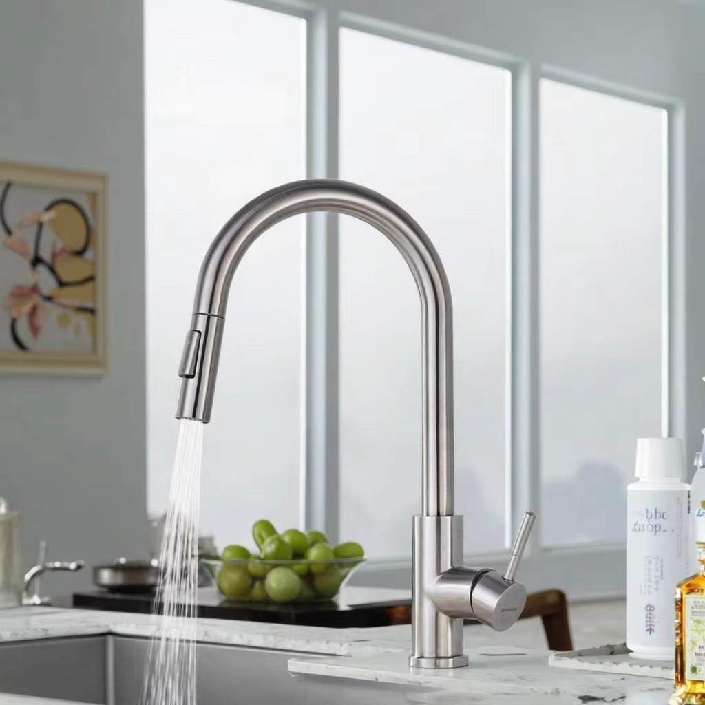 Grifos de cocina caliente y frío de acero inoxidable tipo extracción telescópico lavabo fregadero giratorio universal fábrica de agujero único al por mayor image 7