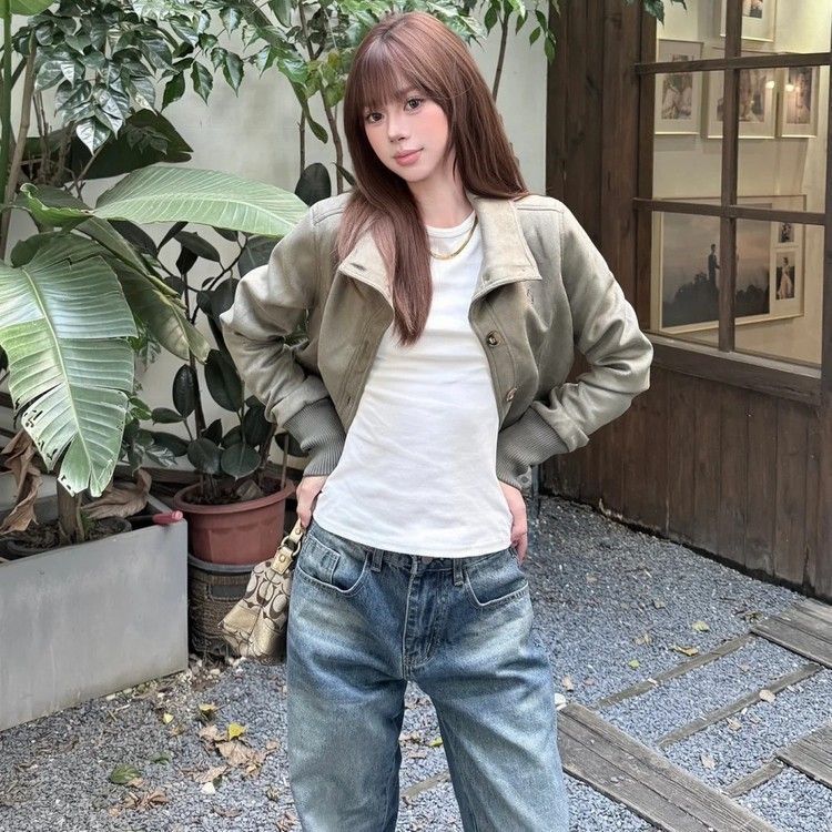 美式复古立领麂皮开衫外套女早秋季2025新款休闲百搭夹克短款上衣|undefined