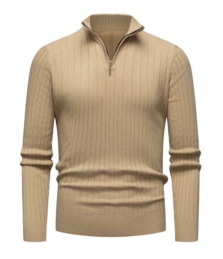 Comercio exterior transfronterizo otoño y invierno nuevo hombre manga larga barra vertical medio cuello cremallera fondo camisa de punto suéter de hombre europeo y americano