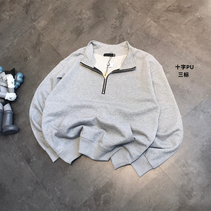 Cross-stitch embroidery new half-zip sweatshirt with stand-up collar, unisex pullover with Sanskrit and horseshoe motifs, celebrity style