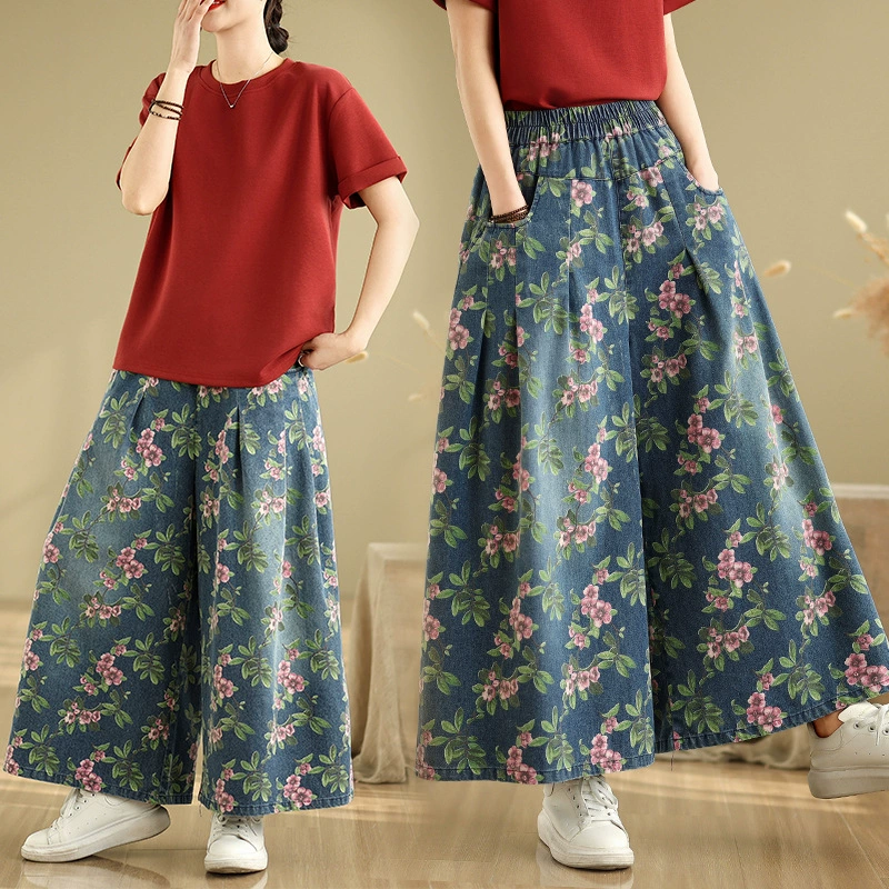 Реальный выстрел большого размера весной и летом тонкие широкие брюки с принтом эластичным свободным и тонким повседневным диким джинсовым прямым широким брюкам