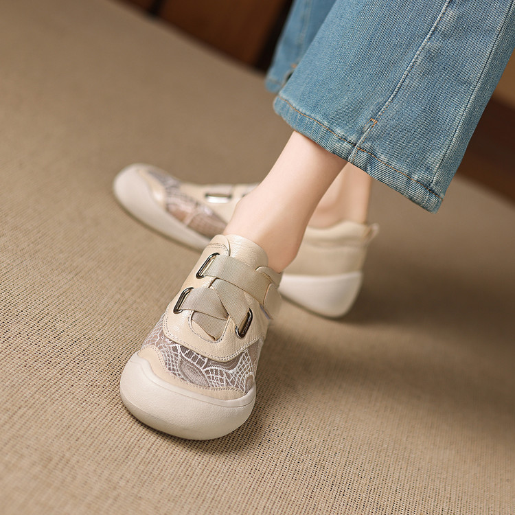 Giày sneaker nữ phối màu da thật lỗ thoáng khí đế bệt buộc dây kết hợp miếng dán — màu trắng ngà chi tiết 27