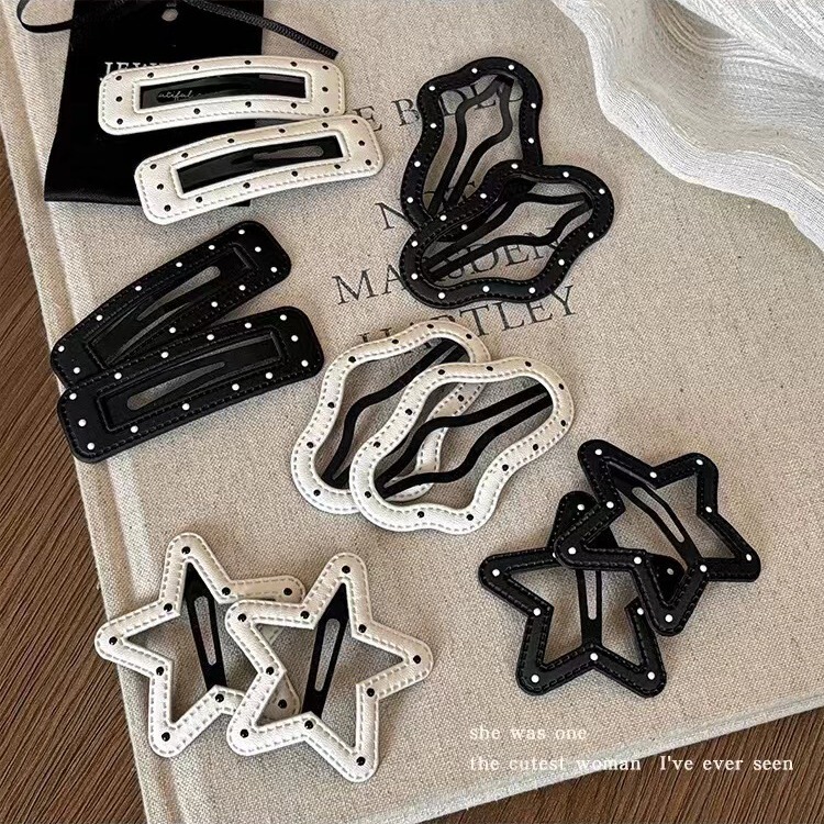 Black and White Polka Dot Leather Hair Clip Women's Fringe Fringe Hair Clip Sweet Cool Hot Girl bb Clip Simple Side Clip Hairpin Headwear Black and White Polka Dot Leather Hair Clip Women's Fringe Fringe Hair Clip Sweet Cool Hot Girl bb Clip Simple Side Clip Hairpin Headwear