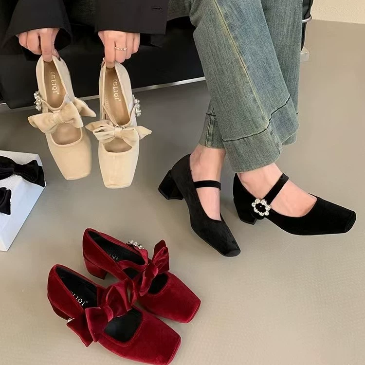2024 весна и осень новая французская вечерняя банта с квадратной головой толстый каблучок Mary Jen обувь женская обувь оптом