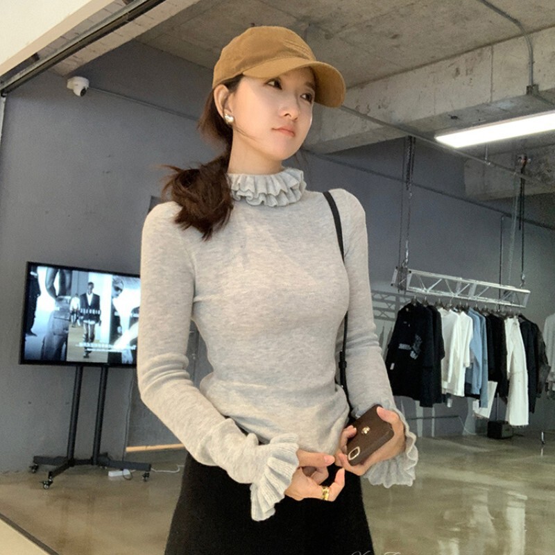 Muffled Collar Sweater Women's Lace Ruffle Sweater Women's Spring Interior Slim-fit Fashion Half-high Collar Base Shirt Women