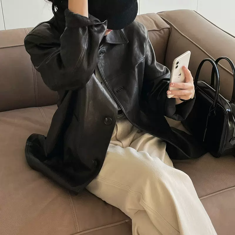 黑色皮衣外套女中长款时髦高级绵羊皮风衣真皮复古barnnett韩国