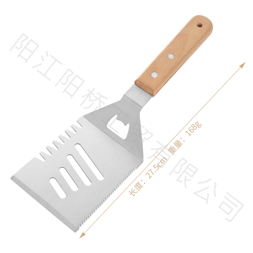 Amazon Hot sale acero inoxidable parrilla herramienta set al aire libre barbecue hierro guisado mango de madera cocinar combinación de cocina de grasa