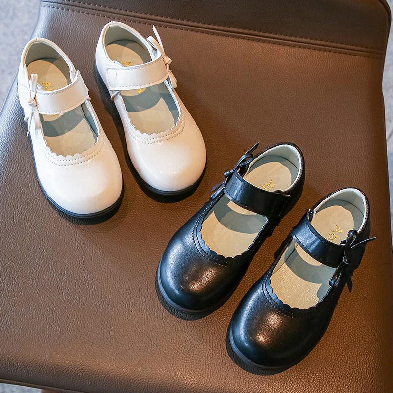 Girls Black Leather Shoes Spring and Autumn New Soft-soled Student Shoes White Flower Children's Shoes British Style Children's Shoes