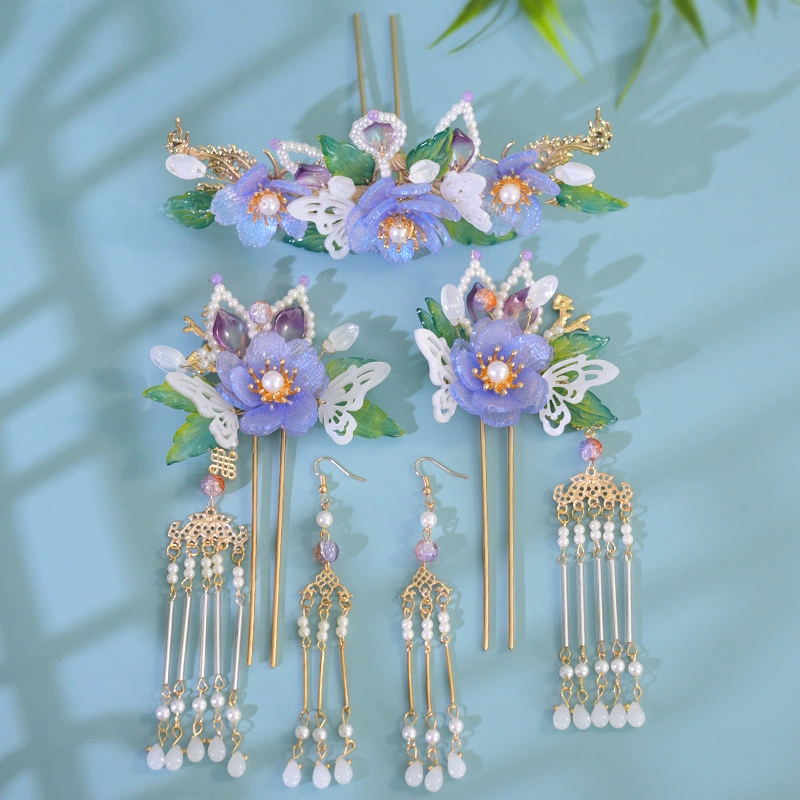 Xianqi Hanfu позолоченный головной убор Древний стиль синий глазурованный боковой клип