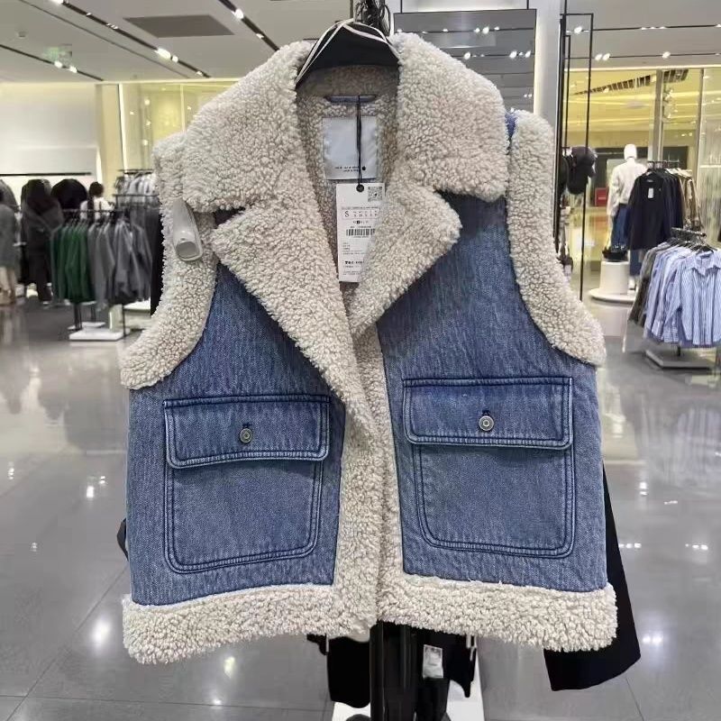 Vest Lamb Autumn and Winter Vest Korean Style Fleece-Lined Loose Short Lamb Velvet Thickened Denim Jacket Versatile Waistcoat