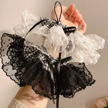 法式蕾丝黑白格蝴蝶结大肠发圈高颜值芭蕾风飘带甜美头花发绳发圈