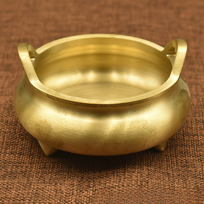 纯黄铜香炉家用室内三足圆耳炉香道供奉香插用品线香盘香佛具用品