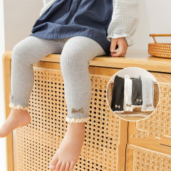 夏秋新款小童大PP鈎花木耳邊九分褲嬰幼兒可開檔格子蝴蝶結打底褲