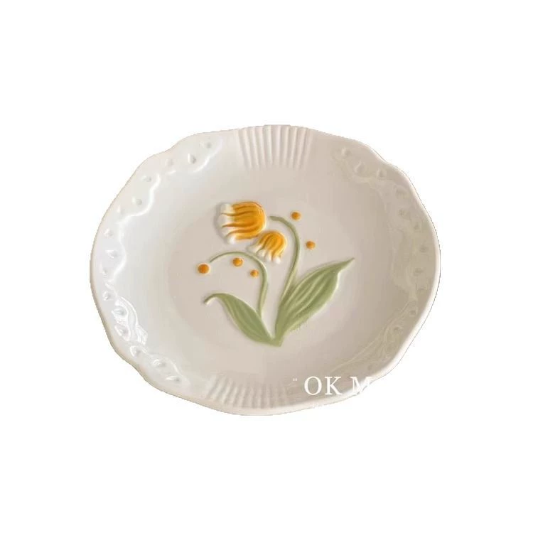 Relief disk home dish dish cute glaze dining plate high -level sensor ceramic shallow plate cake disc