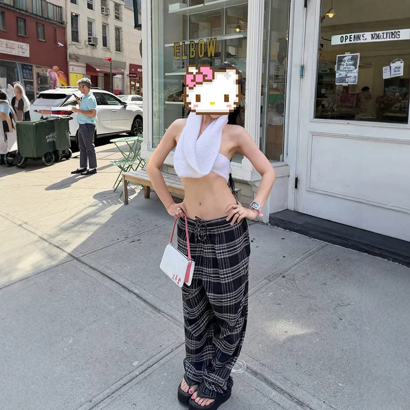 26SS new style patchwork leather cross-flannel plaid wide-leg pants unisex trousers 26SS new style patchwork leather cross-flannel plaid wide-leg pants unisex trousers
