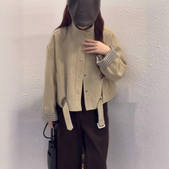 2025秋冬新款韩版时尚拼接格子毛呢大衣女气质短款立领呢子外套