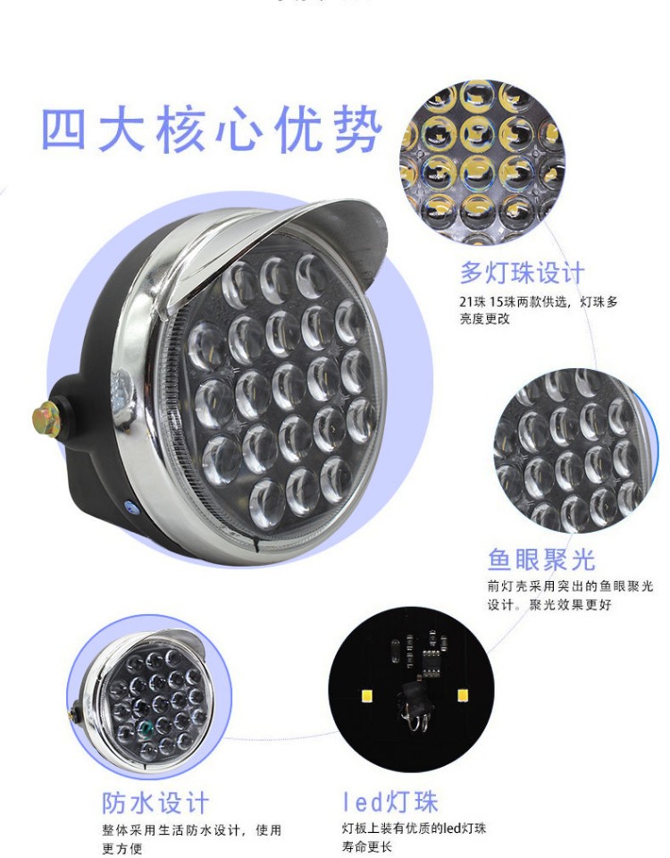 Super bright LED headlight assembly for electric tricycles, motorcycle headlight, 48v60v universal front headlight