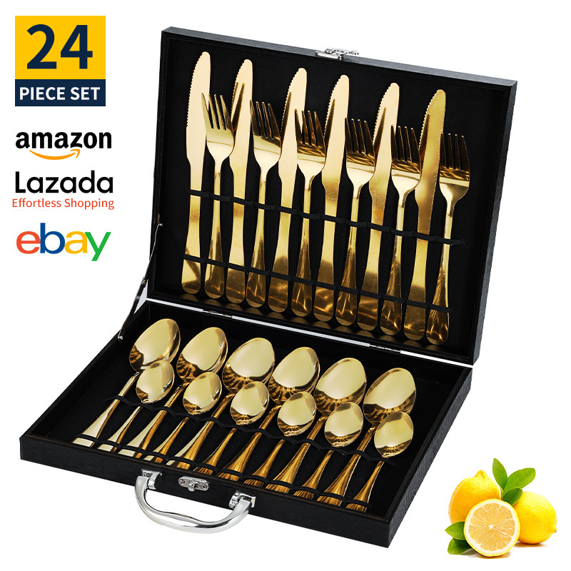 Conjunto de cubiertos de acero inoxidable transfronterizo de 24 piezas cuchillo de filete cuchara de cubiertos occidentales caja de regalo estado de ánimo cuchillo de huevo exportación