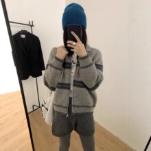 秋冬季新款复古翻领拉链外套针织衫百搭条纹撞色毛衣外套上衣开衫