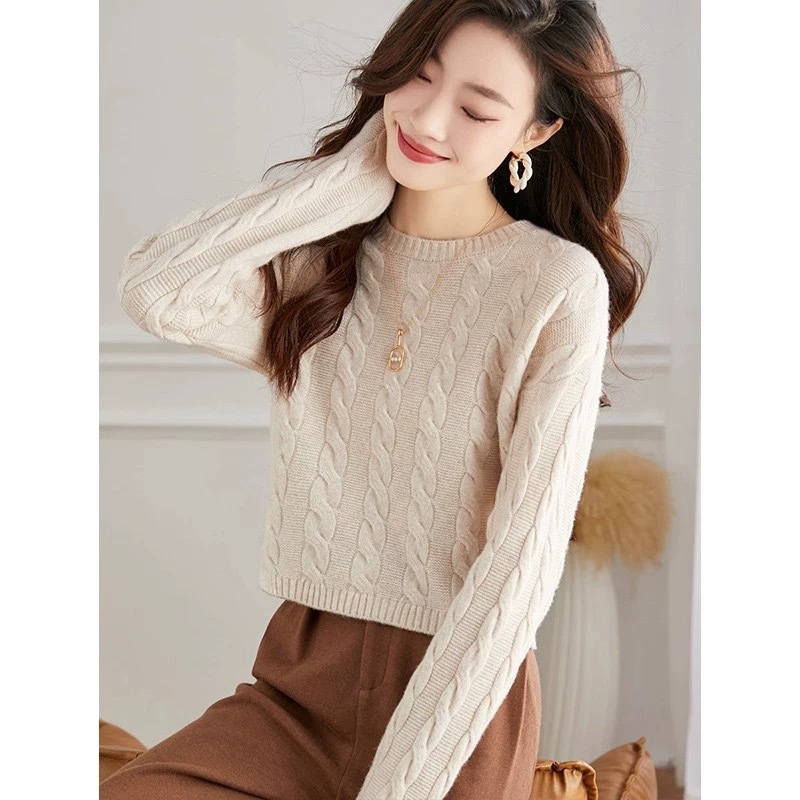 Corta camiseta de punto de cintura alta mujer otoño y invierno 2025 nuevo estilo extranjero cuello redondo jersey de torsión invierno camiseta de base image 1