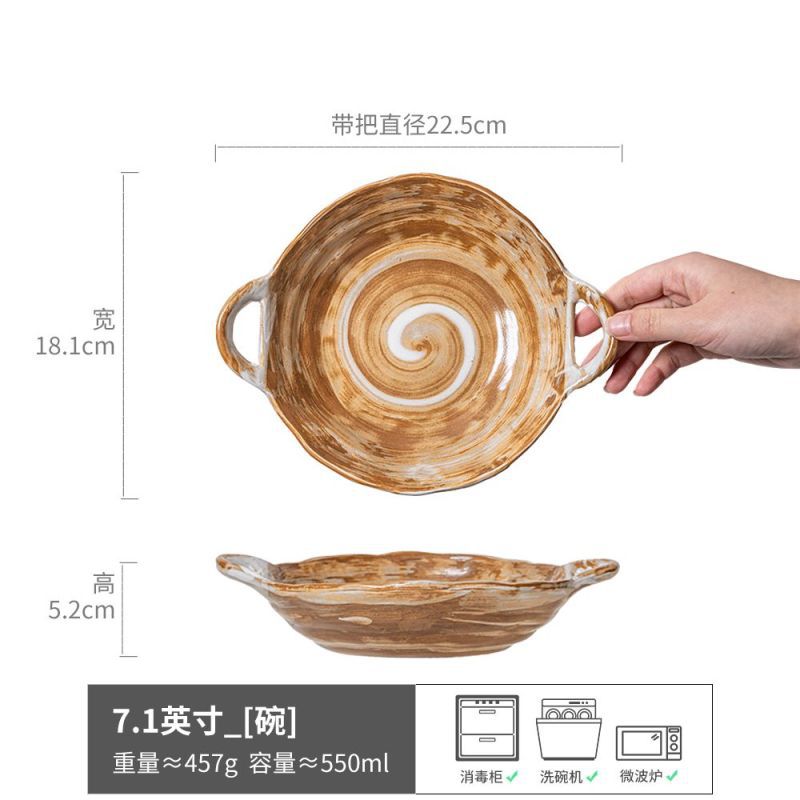Tazón de cerámica vintage de doble asa, tazón para fideos, tazón para yogur, tazón redondo, tazón para sopa, tazón de estilo japonés, vajilla al por mayor, esmaltado en horno