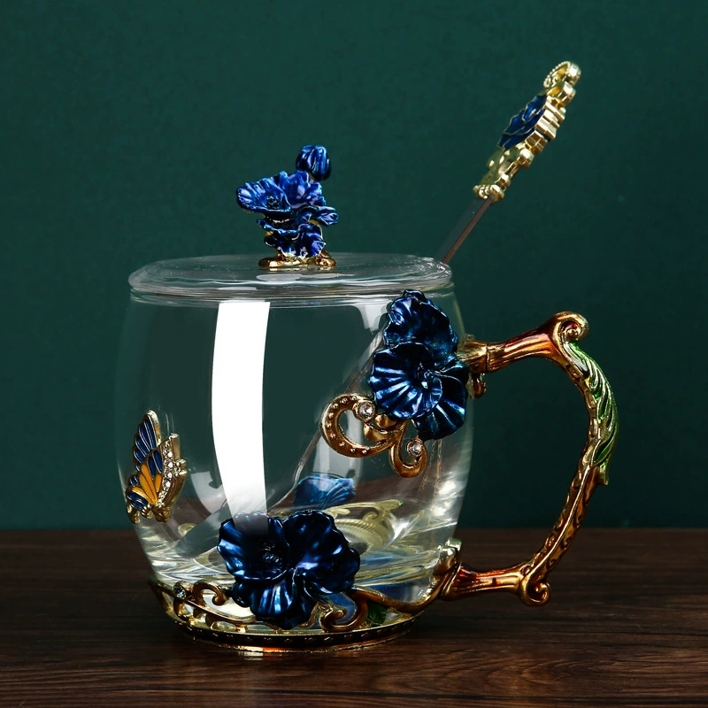 Эмалированная чашка для воды, бытовая стеклянная кофейная чашка, милая женская летняя чашка для чая с цветком, чашка для завтрака, чашка для чая с крышкой, набор