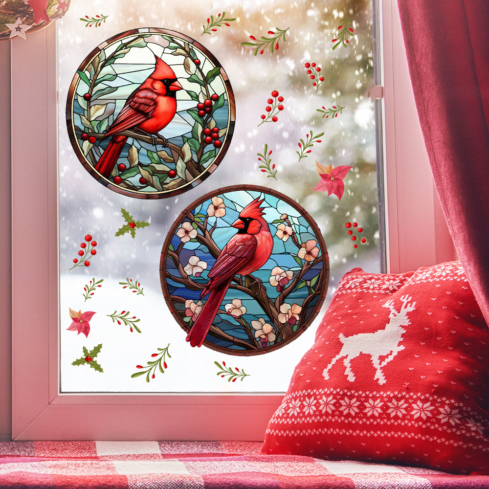 爱客JD3302圣诞节红色飞鸟印花无胶静电贴 阳台门窗贴装饰玻璃贴
