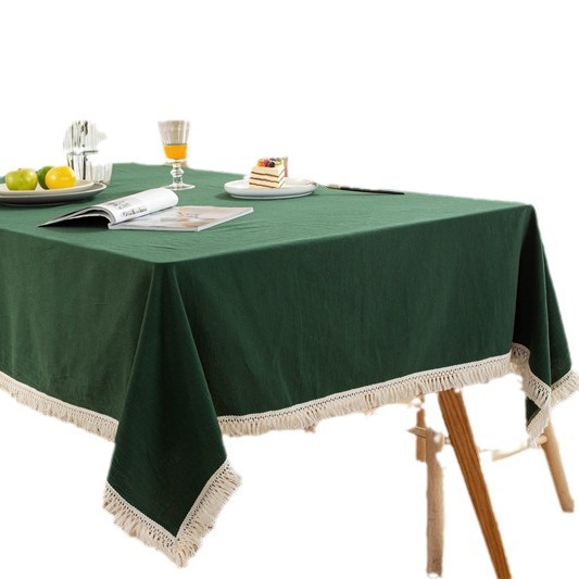 Moderne, minimalistische, einfarbige Tischdecke aus reiner Baumwolle (gewaschene Baumwolle), rot-grün, mit Weihnachtsquasten, für Couchtisch und Esszimmer_voghion.com
