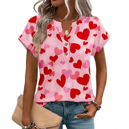 2026 Cross-Border Foreign Trade Independent Site Summer New Heart-Shaped Flower Print Versatile V-Neck_ecoleips.com