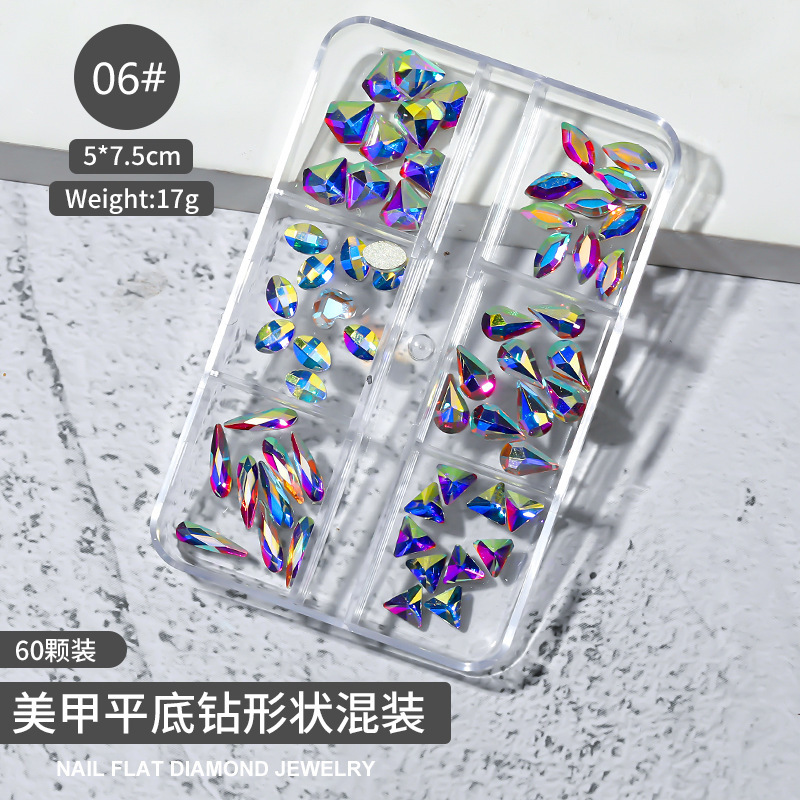 Cross-border Especial 6-grid Caja Mixta joyería de uñas transparente cuadrado plano espejo de diamante en forma especial Aurora uñas Rhinestone
